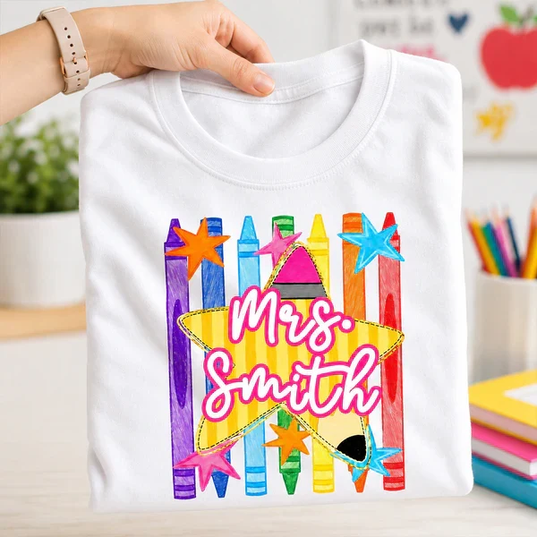 Personalized Classic Tee with Colorful Crayon Pencil Art, Creative Gift for Teachers and Classroom Wear - Image 6