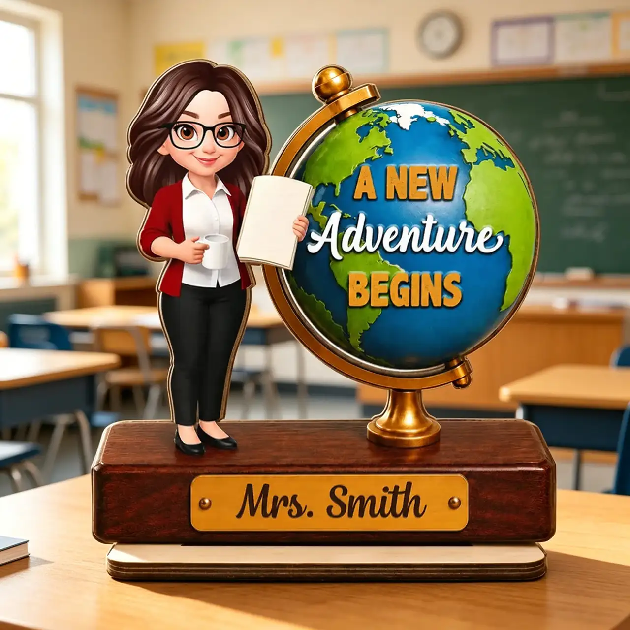 Personalized 2-Layer Wooden Plaque for Teacher, Globe New Adventure Begins Unique Back to School Gift