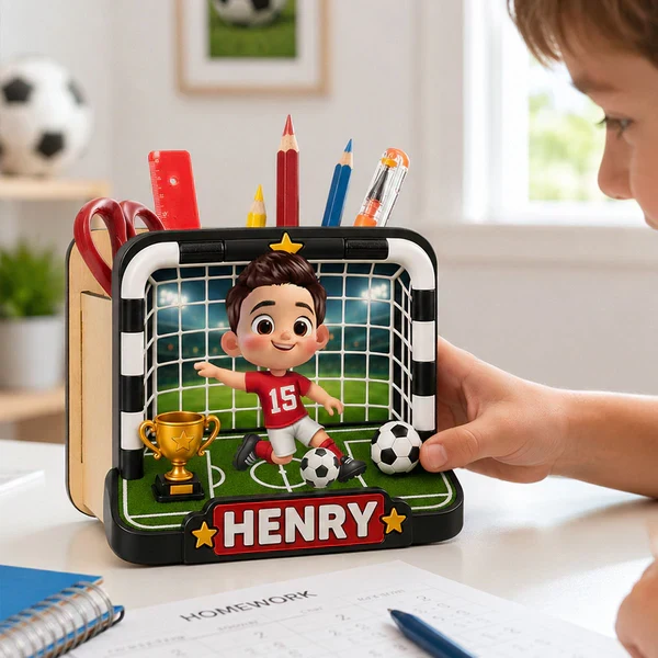 Personalized Wooden Pen Holder With Cute Soccer Kid, Unique Creative Gift For School Desk - Image 3