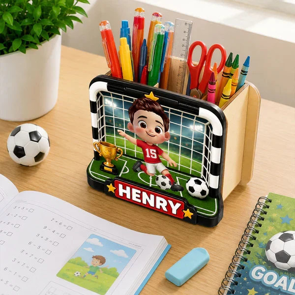 Personalized Wooden Pen Holder With Cute Soccer Kid, Unique Creative Gift For School Desk - Image 5