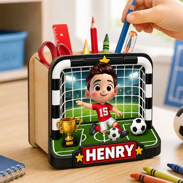 Personalized Wooden Pen Holder With Cute Soccer Kid, Unique Creative Gift For School Desk - Image 6