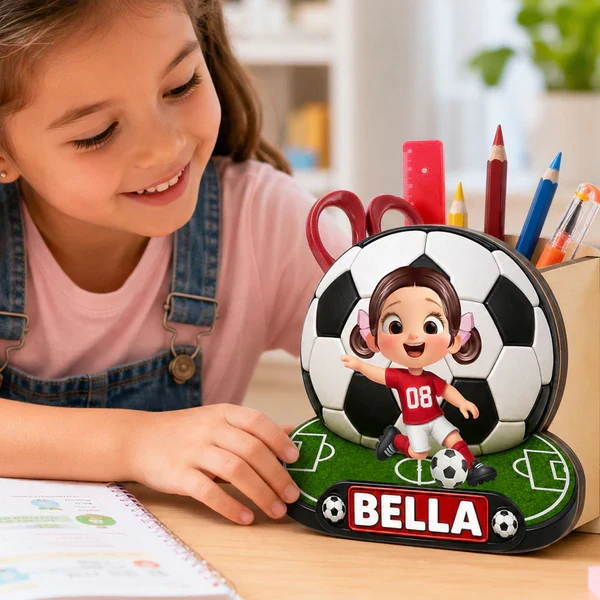 Personalized Wooden Pen Holder With Cute Soccer Kid, Unique Creative Gift For School Desk - Image 7