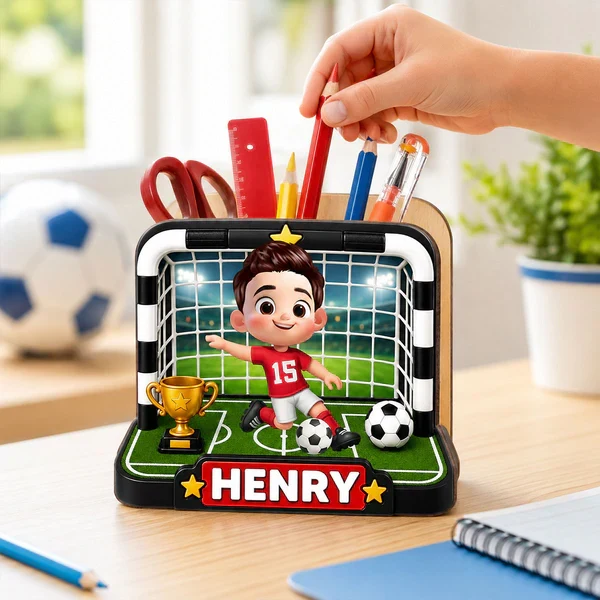 Personalized Wooden Pen Holder With Cute Soccer Kid, Unique Creative Gift For School Desk - Image 8
