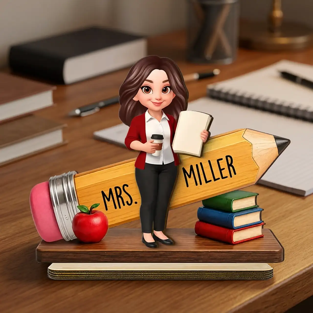 Personalized 2-Layer Wooden Plaque, Standing Teacher Pencil Design, Unique Gift for Classroom Desk