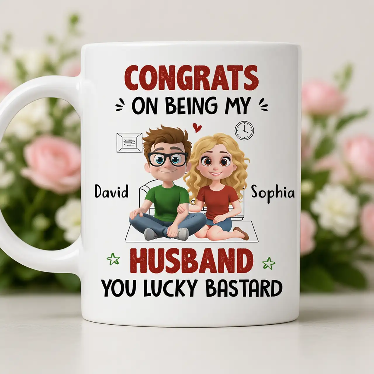 My Husband Won the Jackpot Personalized Mug, Cute Couple Cartoon Unique Gift for Husband