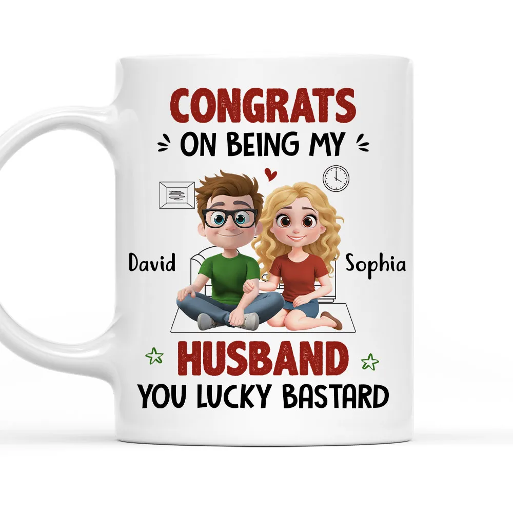 My Husband Won the Jackpot Personalized Mug, Cute Couple Cartoon Unique Gift for Husband - Image 2