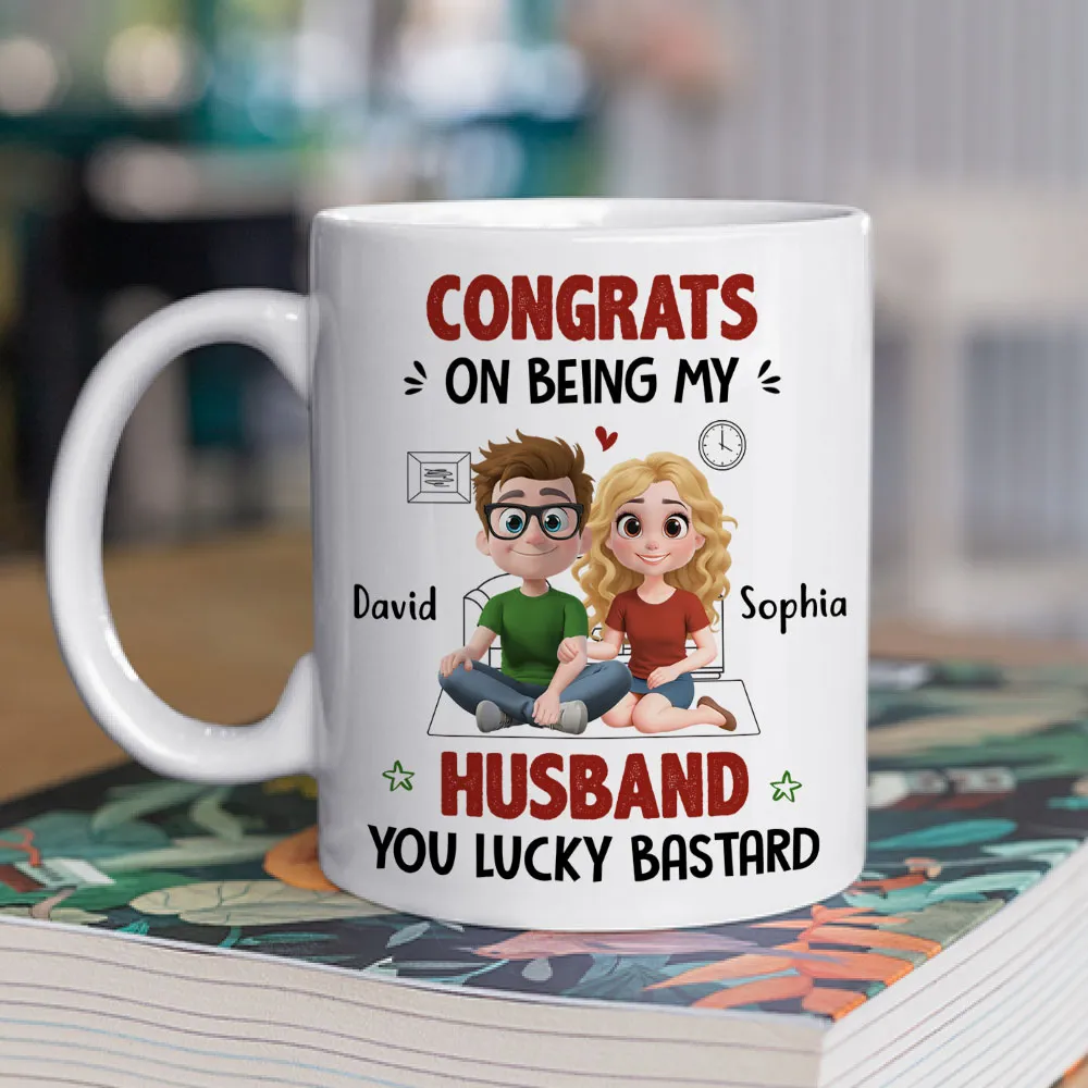 My Husband Won the Jackpot Personalized Mug, Cute Couple Cartoon Unique Gift for Husband - Image 3