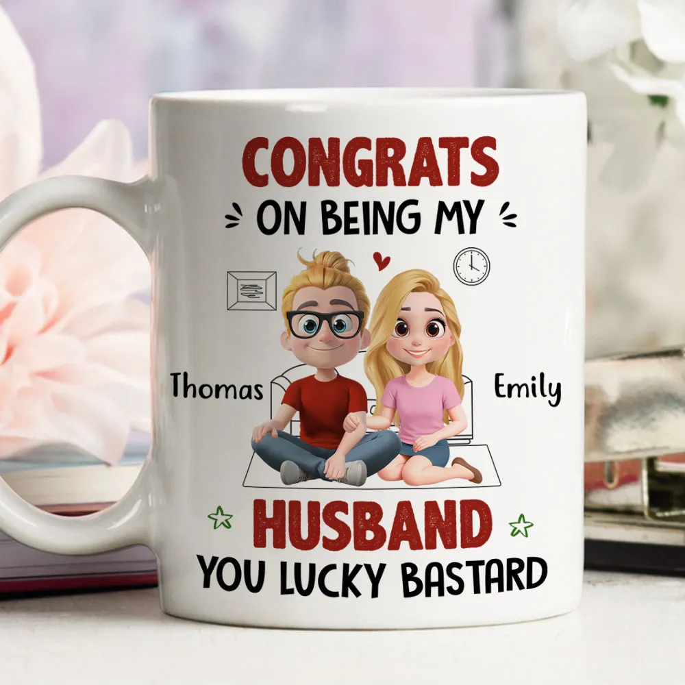 My Husband Won the Jackpot Personalized Mug, Cute Couple Cartoon Unique Gift for Husband - Image 5