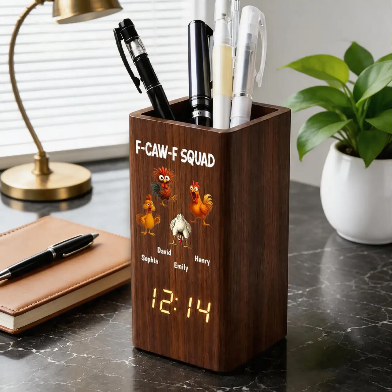 Wooden Pen Holder Clock, Personalized Cartoon Chicken Desk Organizer, Unique Coworker Gift
