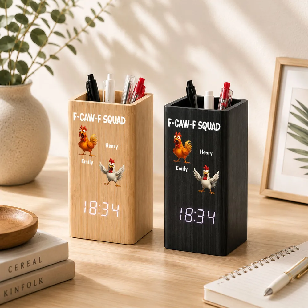 Wooden Pen Holder Clock, Personalized Cartoon Chicken Desk Organizer, Unique Coworker Gift - Image 2