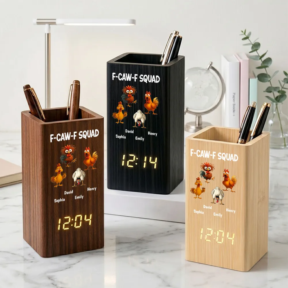 Wooden Pen Holder Clock, Personalized Cartoon Chicken Desk Organizer, Unique Coworker Gift - Image 3