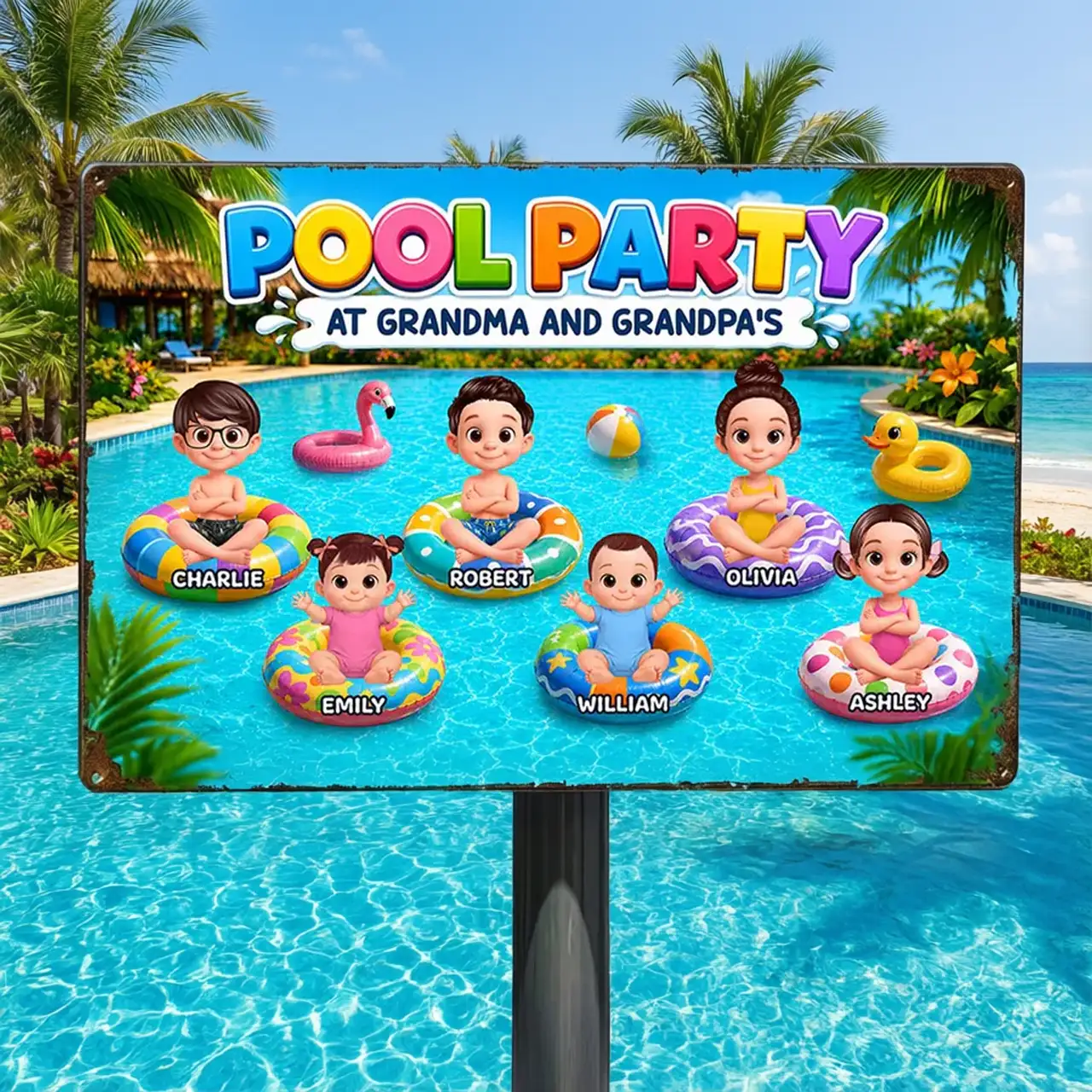 Personalized Rectangular Iron Sign, Pool Party With Cartoon Kids On Floats, Unique Gift For Grandparents