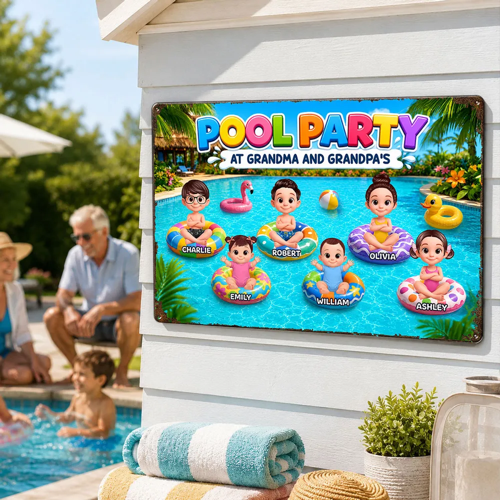 Personalized Rectangular Iron Sign, Pool Party With Cartoon Kids On Floats, Unique Gift For Grandparents - Image 2