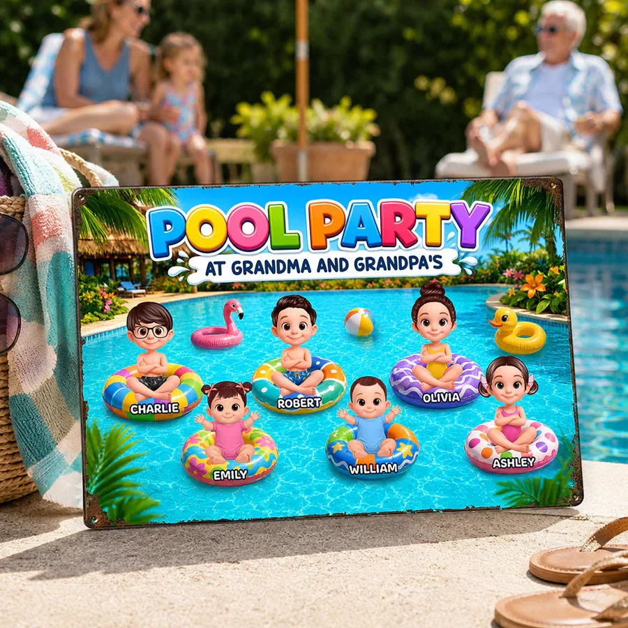 Personalized Rectangular Iron Sign, Pool Party With Cartoon Kids On Floats, Unique Gift For Grandparents - Image 3