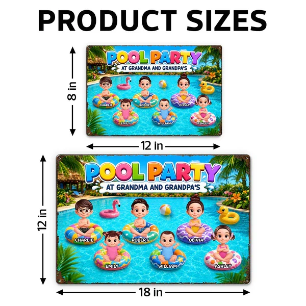 Personalized Rectangular Iron Sign, Pool Party With Cartoon Kids On Floats, Unique Gift For Grandparents - Image 4