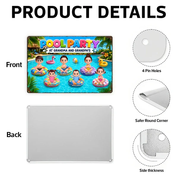 Personalized Rectangular Iron Sign, Pool Party With Cartoon Kids On Floats, Unique Gift For Grandparents - Image 5