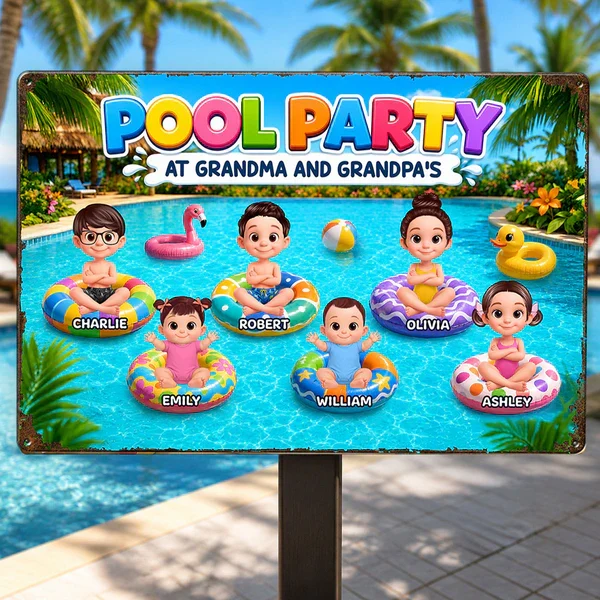 Personalized Rectangular Iron Sign, Pool Party With Cartoon Kids On Floats, Unique Gift For Grandparents - Image 6