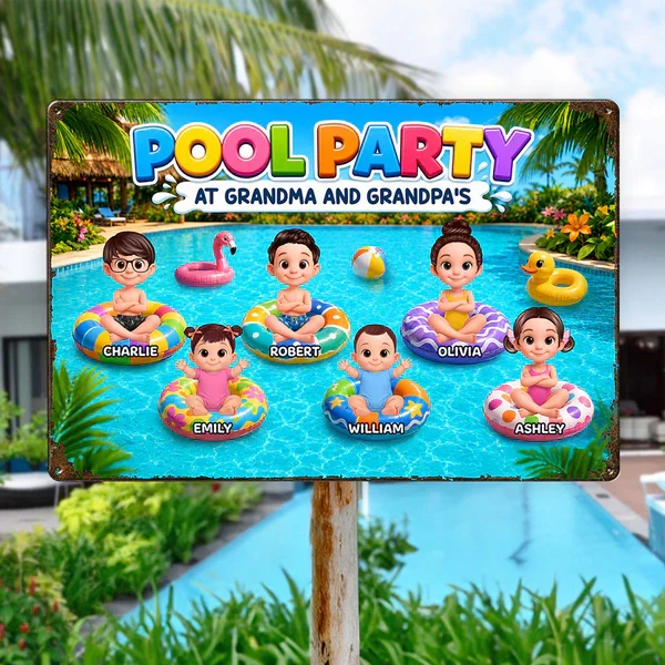 Personalized Rectangular Iron Sign, Pool Party With Cartoon Kids On Floats, Unique Gift For Grandparents - Image 7