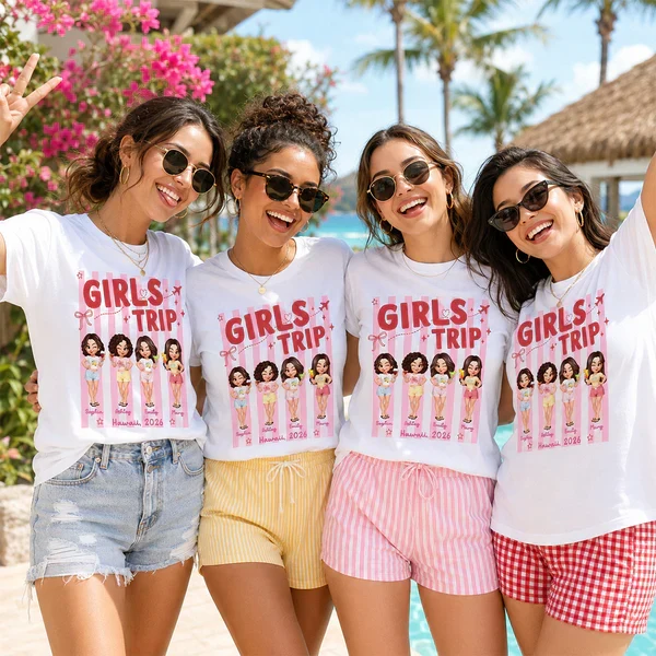 Classic Tee, Personalized Girls Trip Cartoon Friends with Drinks, Pink Stripe Vacation, Unique Creative Gift - Image 7
