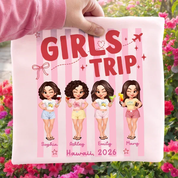 Classic Tee, Personalized Girls Trip Cartoon Friends with Drinks, Pink Stripe Vacation, Unique Creative Gift - Image 8