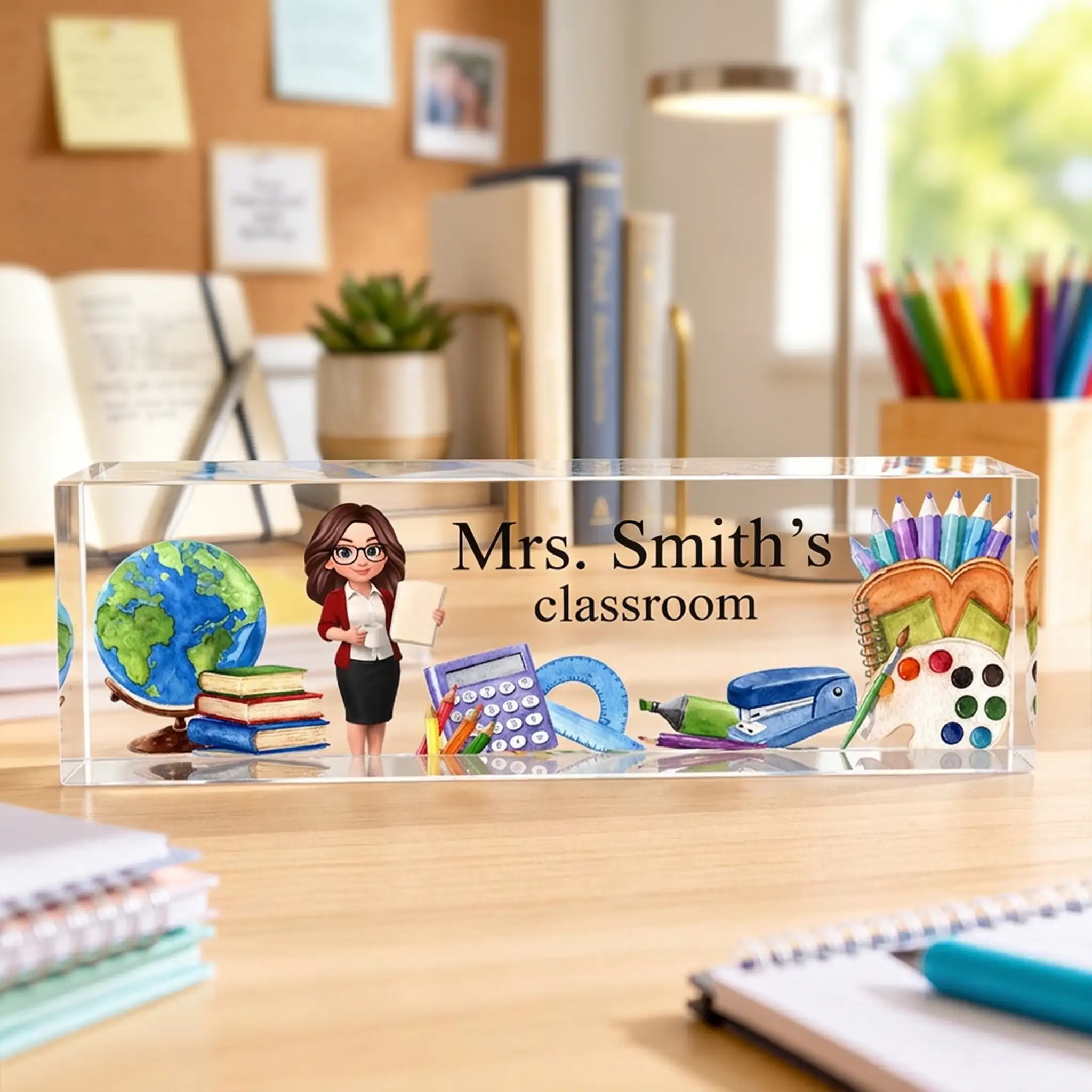 Custom Rectangle Acrylic Block Plaque with Standing Teacher Art, Creative Back to School Gift for Teacher