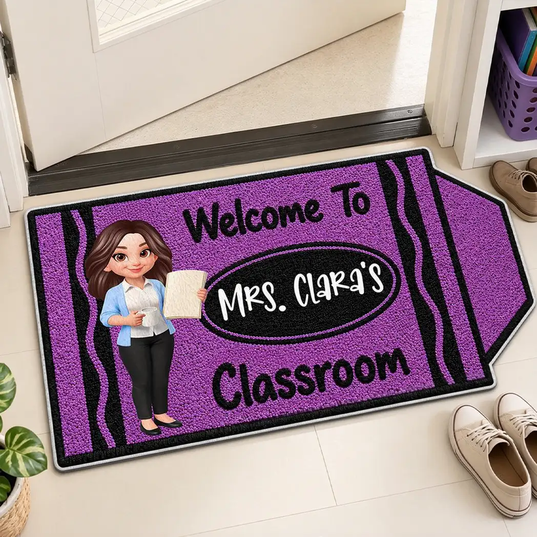 Personalized Shaped Doormat, Purple Crayon Classroom Welcome with Teacher Holding Book, Unique Gift for Teacher