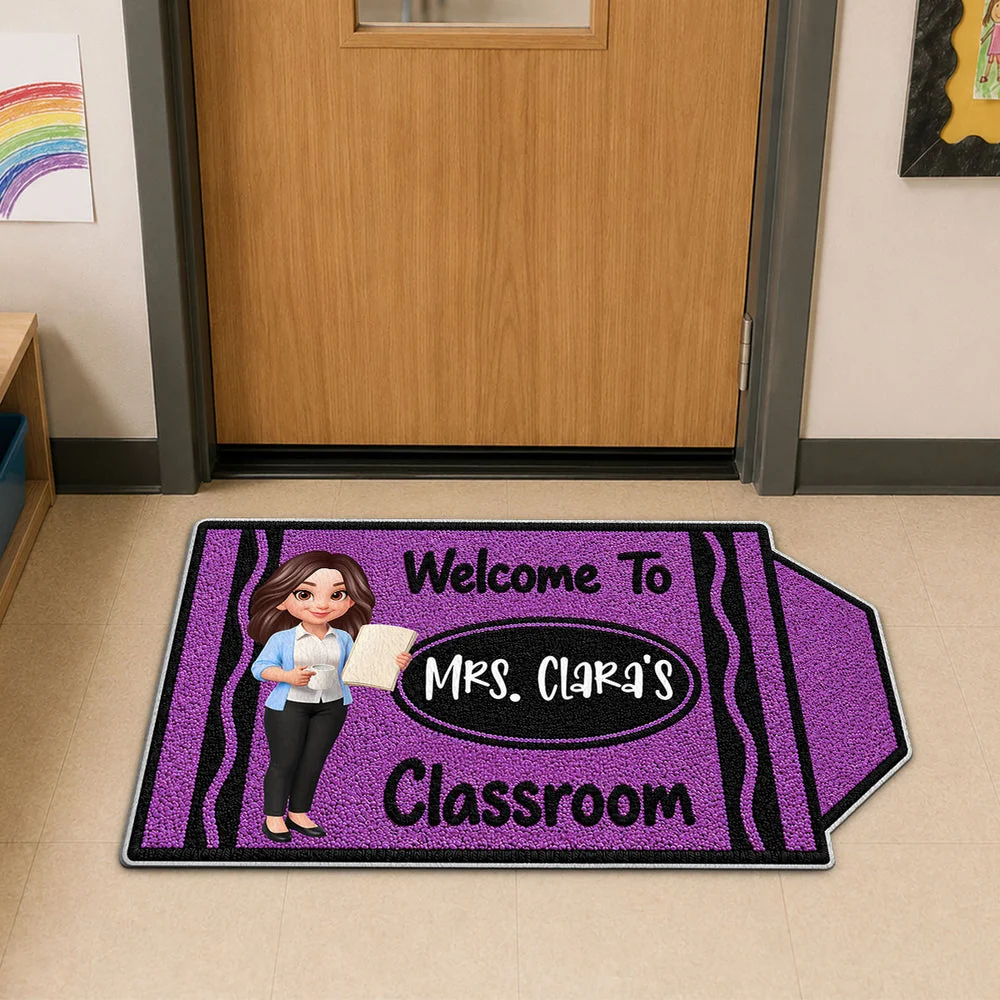 Personalized Shaped Doormat, Purple Crayon Classroom Welcome with Teacher Holding Book, Unique Gift for Teacher - Image 2