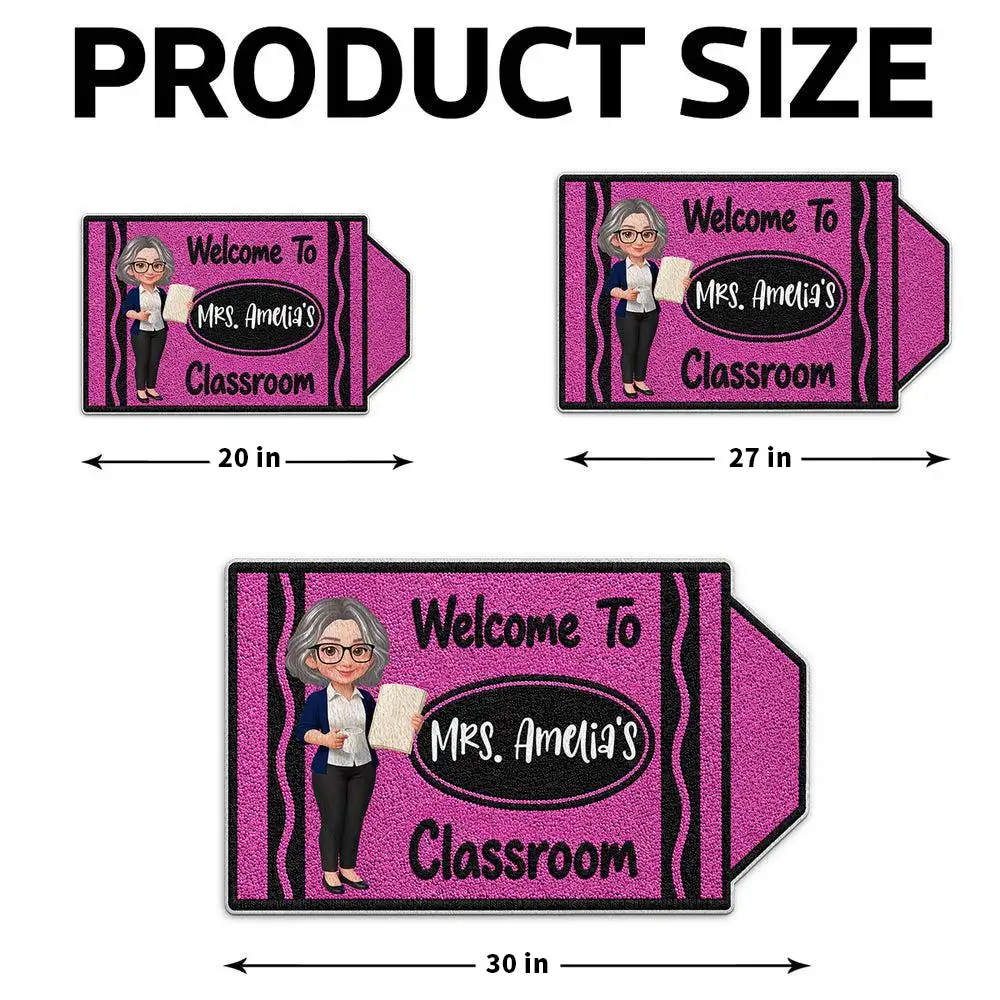 Personalized Shaped Doormat, Purple Crayon Classroom Welcome with Teacher Holding Book, Unique Gift for Teacher - Image 4