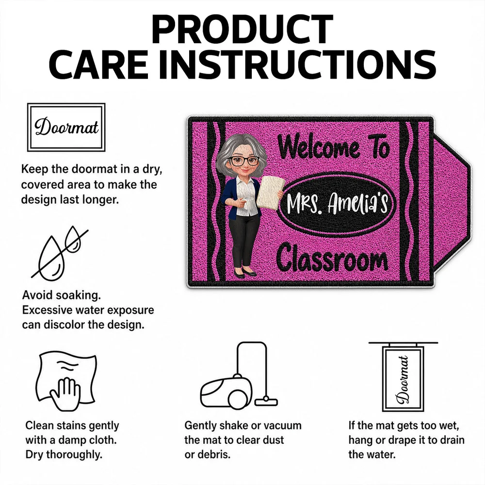 Personalized Shaped Doormat, Purple Crayon Classroom Welcome with Teacher Holding Book, Unique Gift for Teacher - Image 5