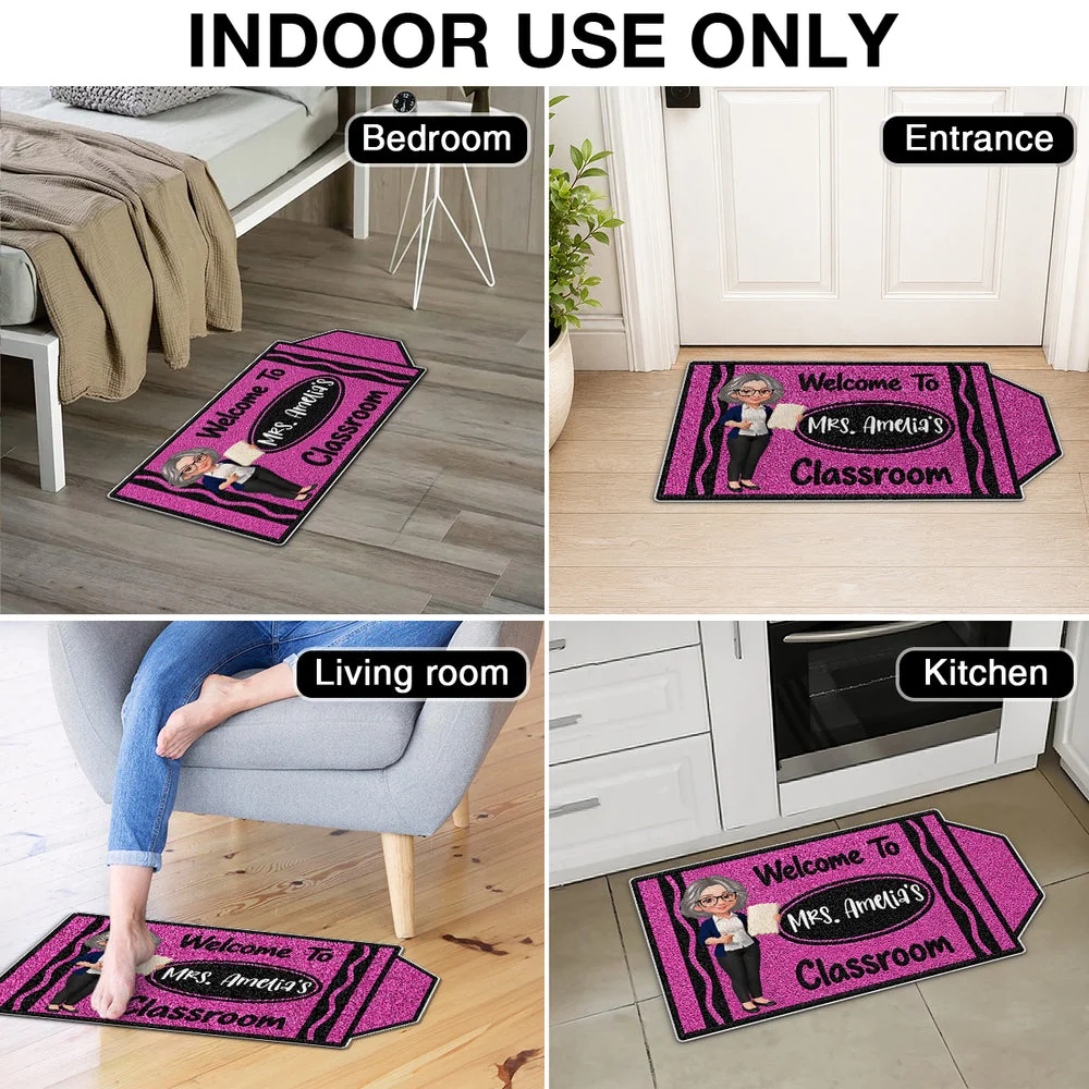 Personalized Shaped Doormat, Purple Crayon Classroom Welcome with Teacher Holding Book, Unique Gift for Teacher - Image 6