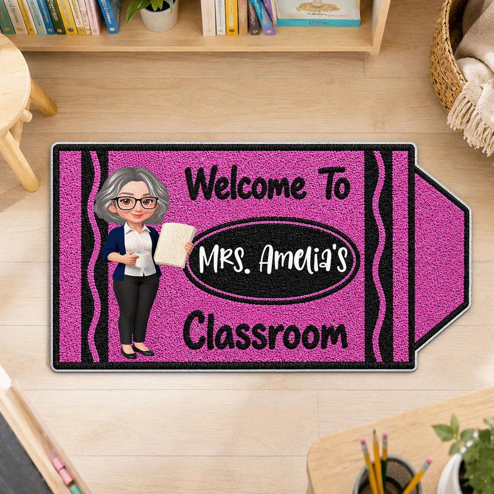 Personalized Shaped Doormat, Purple Crayon Classroom Welcome with Teacher Holding Book, Unique Gift for Teacher - Image 7