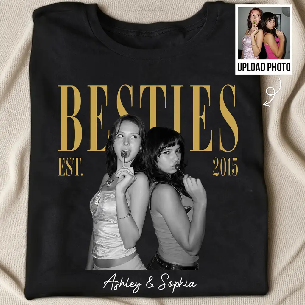 Personalized Classic Tee, Black & Gold Retro Photo for Close Friends, Unique Gift for Matching Outfits