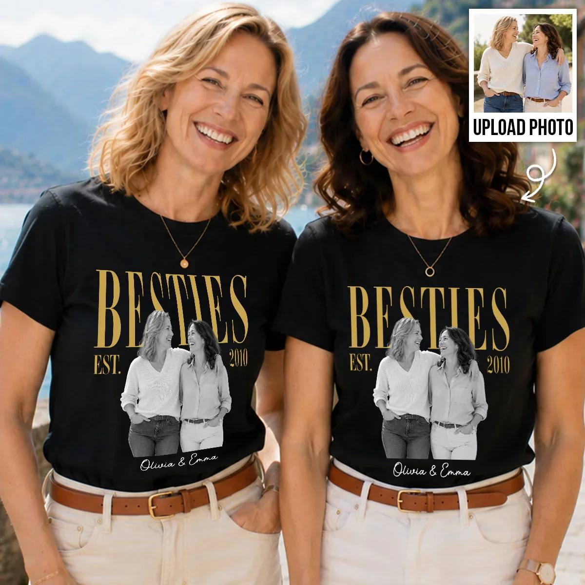 Personalized Classic Tee, Black & Gold Retro Photo for Close Friends, Unique Gift for Matching Outfits - Image 3