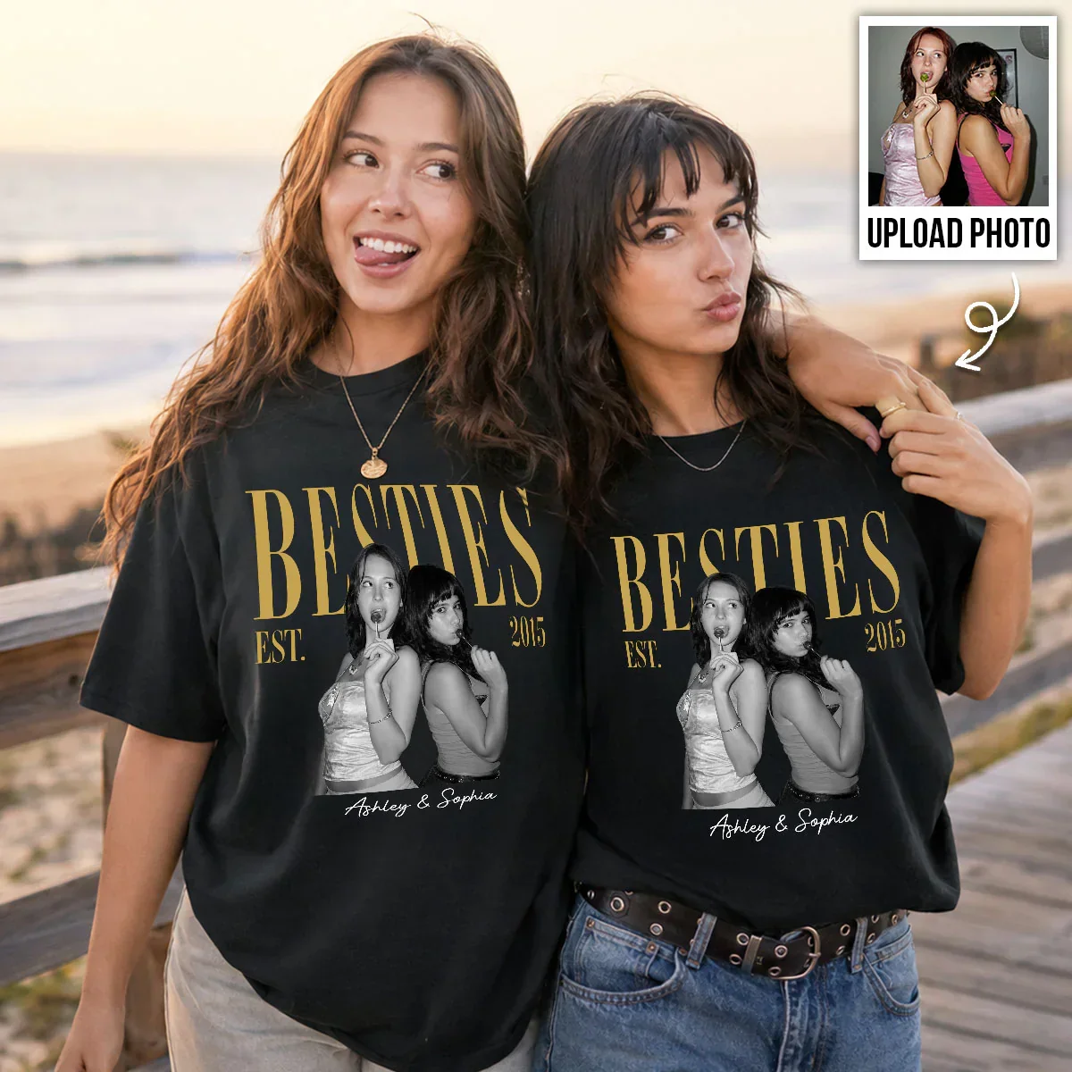 Personalized Classic Tee, Black & Gold Retro Photo for Close Friends, Unique Gift for Matching Outfits - Image 4