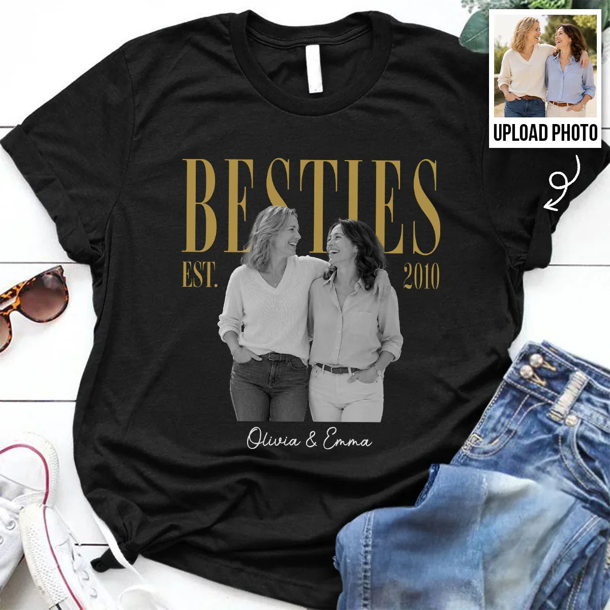 Personalized Classic Tee, Black & Gold Retro Photo for Close Friends, Unique Gift for Matching Outfits - Image 6