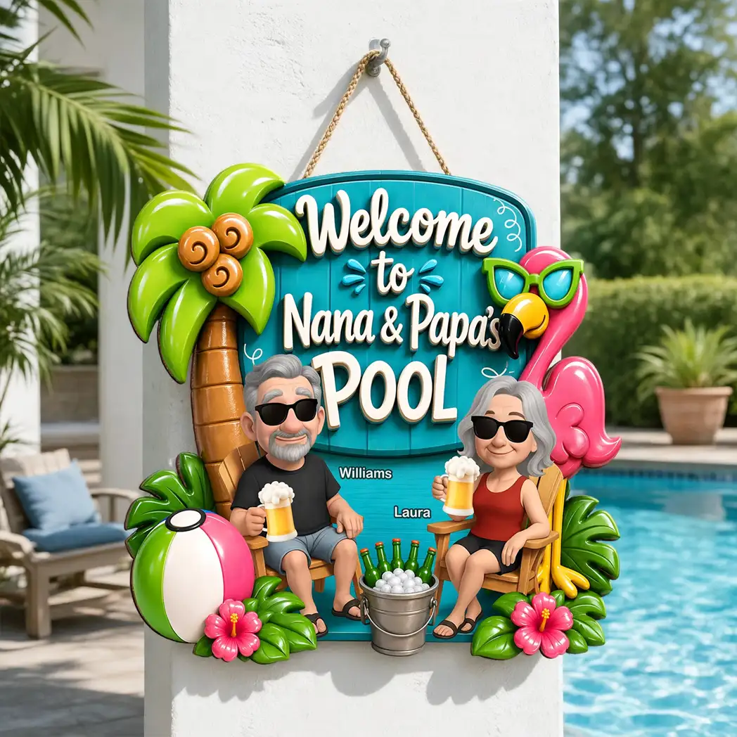 Wooden Sign with Poolside Grandparents Holding Drinks, Custom Summer Decor, Creative Gift for Grandma & Grandpa