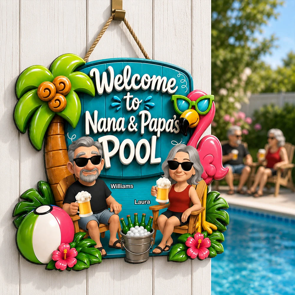 Wooden Sign with Poolside Grandparents Holding Drinks, Custom Summer Decor, Creative Gift for Grandma & Grandpa - Image 2