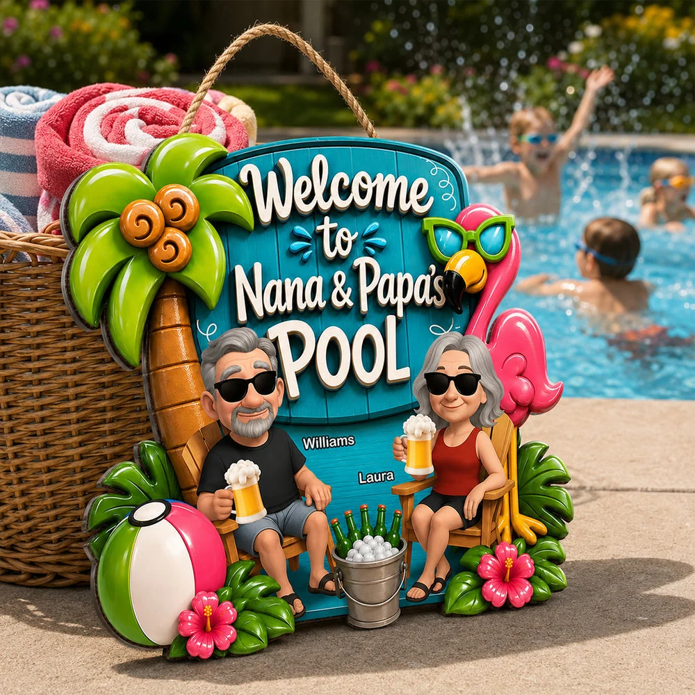 Wooden Sign with Poolside Grandparents Holding Drinks, Custom Summer Decor, Creative Gift for Grandma & Grandpa - Image 3