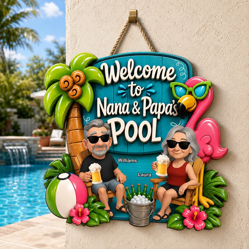 Wooden Sign with Poolside Grandparents Holding Drinks, Custom Summer Decor, Creative Gift for Grandma & Grandpa - Image 5