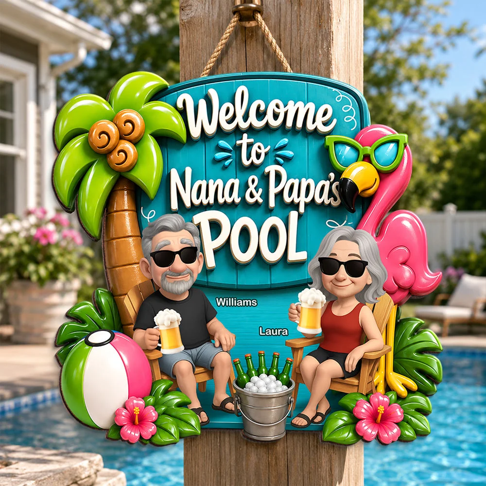 Wooden Sign with Poolside Grandparents Holding Drinks, Custom Summer Decor, Creative Gift for Grandma & Grandpa - Image 7
