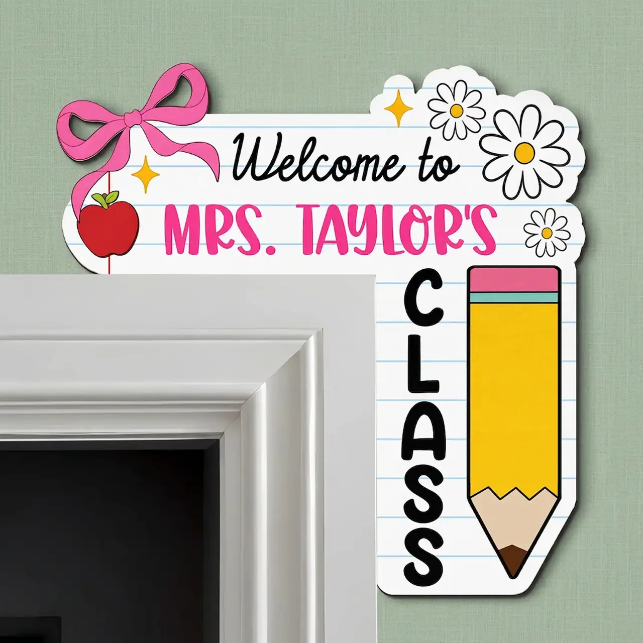 Custom Door Corner Sign for Teacher, Apple & Pencil Classroom Decor, Creative Back to School Gift