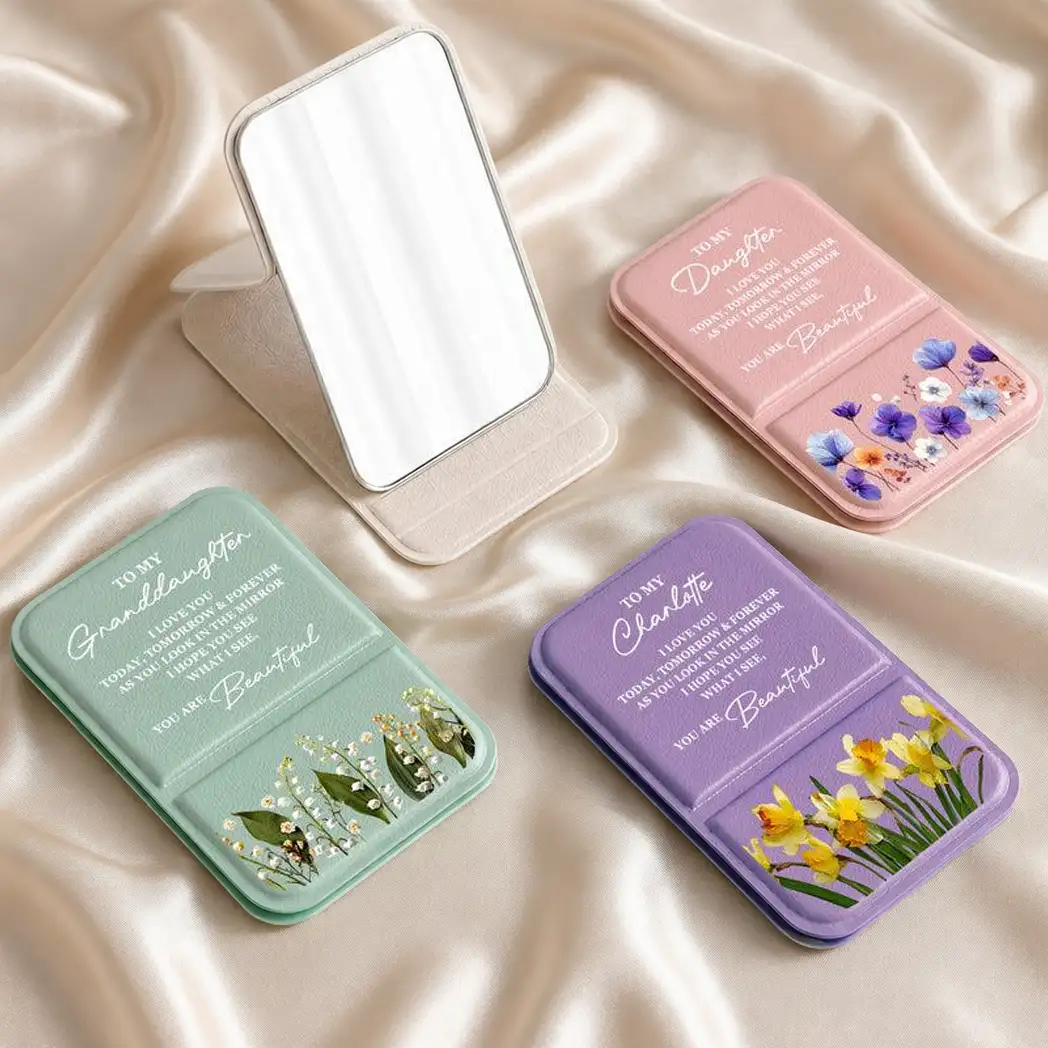 Leather Folding Makeup Mirror, Personalized Pastel Floral Quote, Unique Creative Gift for Daughter