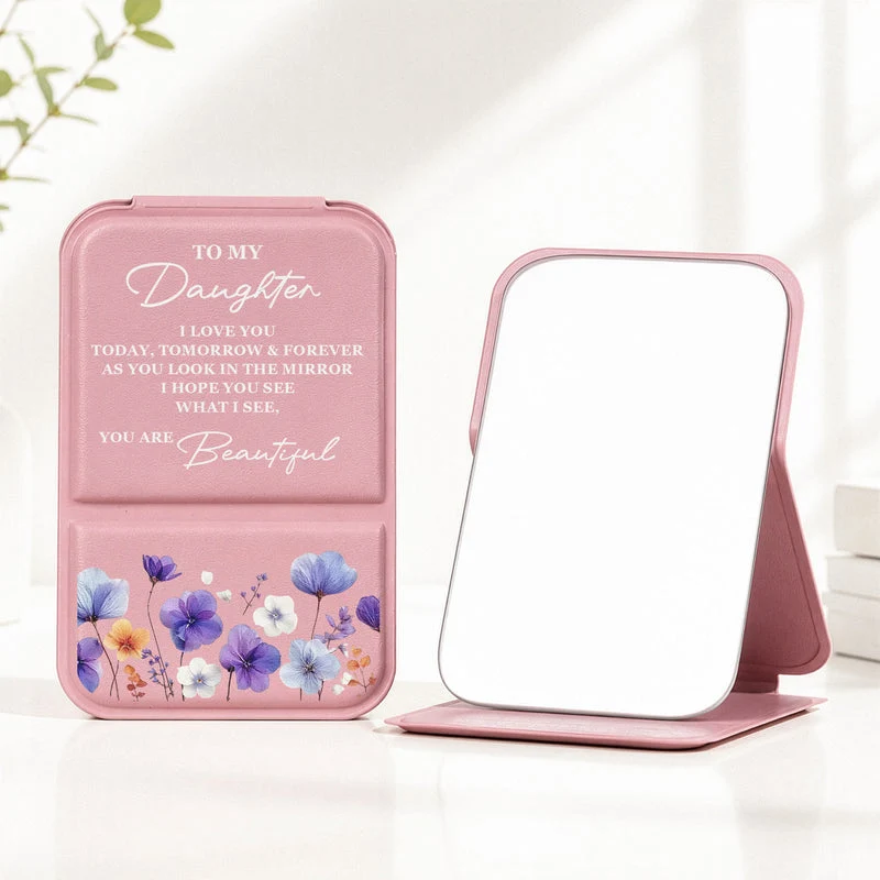 Leather Folding Makeup Mirror, Personalized Pastel Floral Quote, Unique Creative Gift for Daughter - Image 2