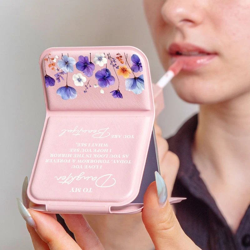 Leather Folding Makeup Mirror, Personalized Pastel Floral Quote, Unique Creative Gift for Daughter - Image 5