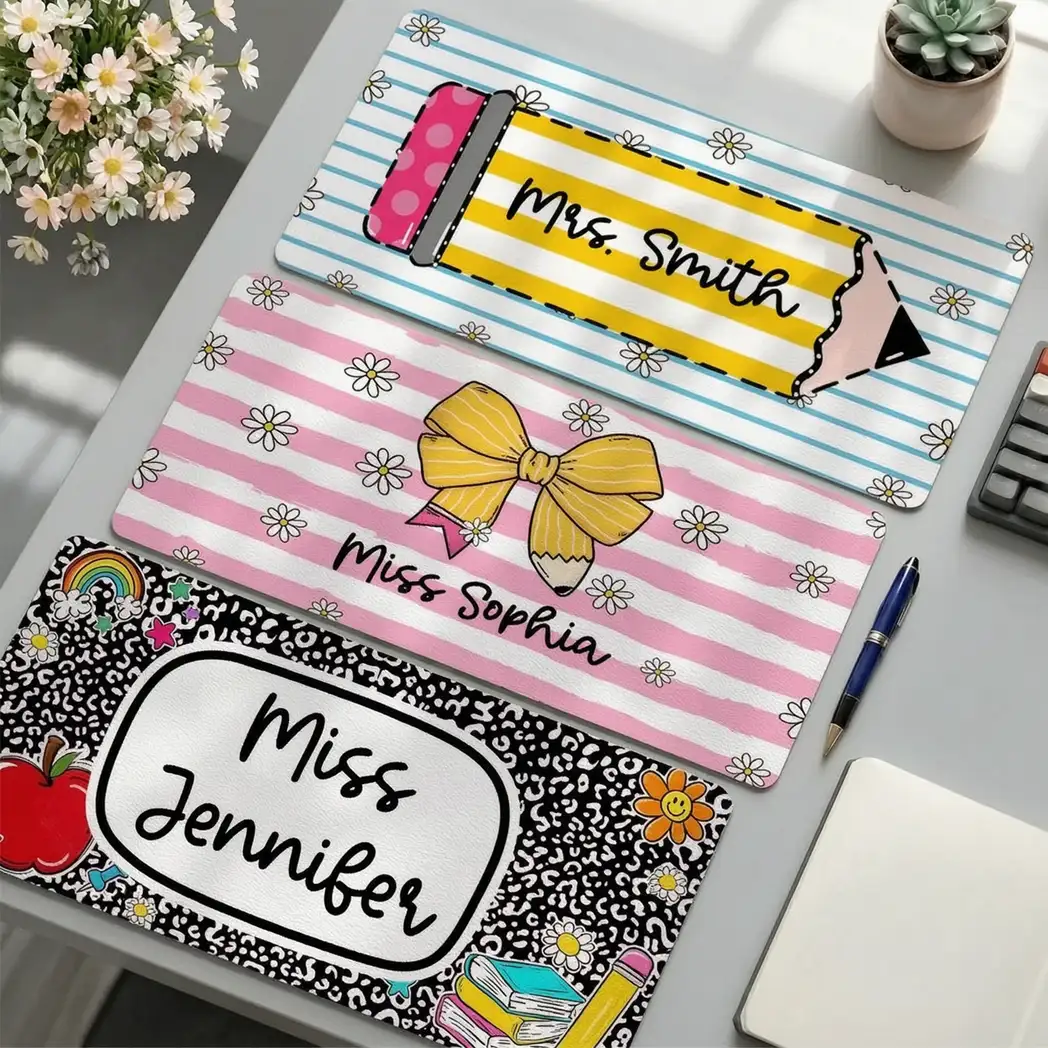Personalized Leather Desk Mat with Pencil & Daisy Design, Unique Creative Teacher Gift for Classroom Desk
