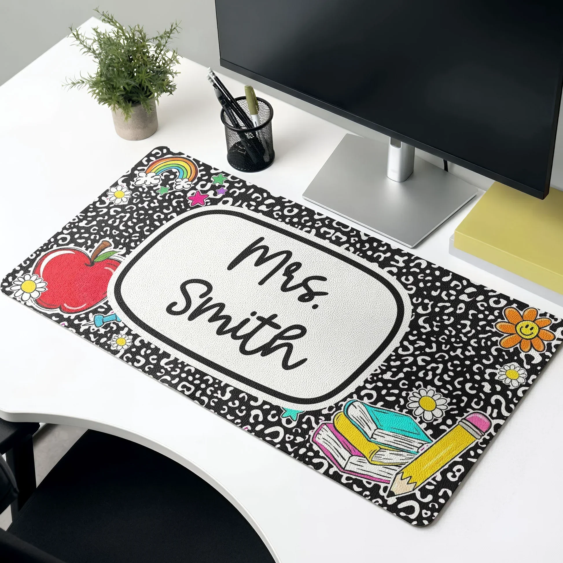 Personalized Leather Desk Mat with Pencil & Daisy Design, Unique Creative Teacher Gift for Classroom Desk - Image 2