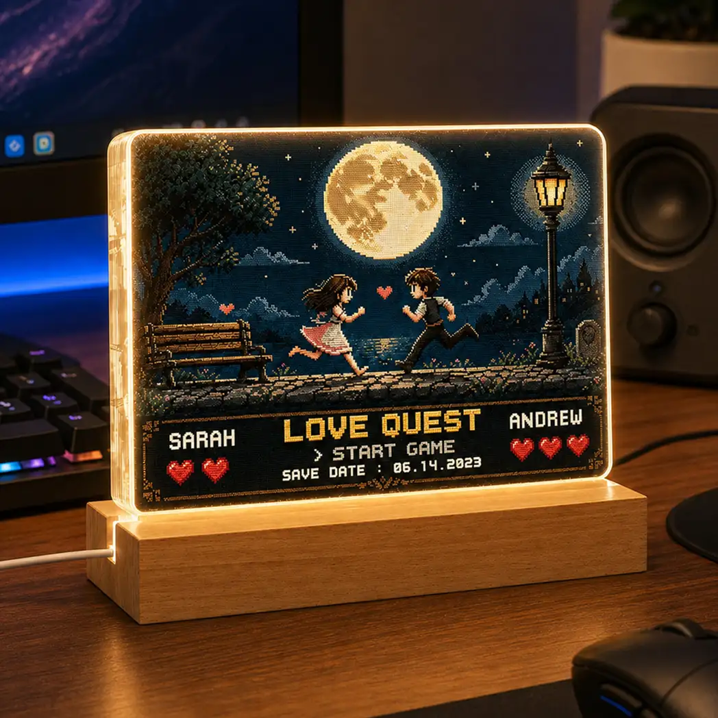 LED Light Plaque with Love Quest Pixel Art, Personalized Romantic Night Light, Creative Gift for Couples