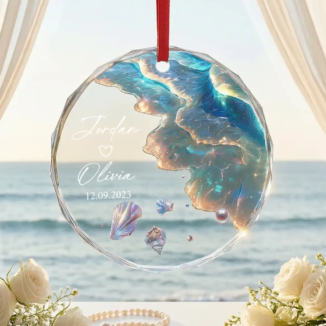 Custom Crystal Ornament for Couple, Romantic Coastal Keepsake with Wedding Portrait Look, Creative Gift