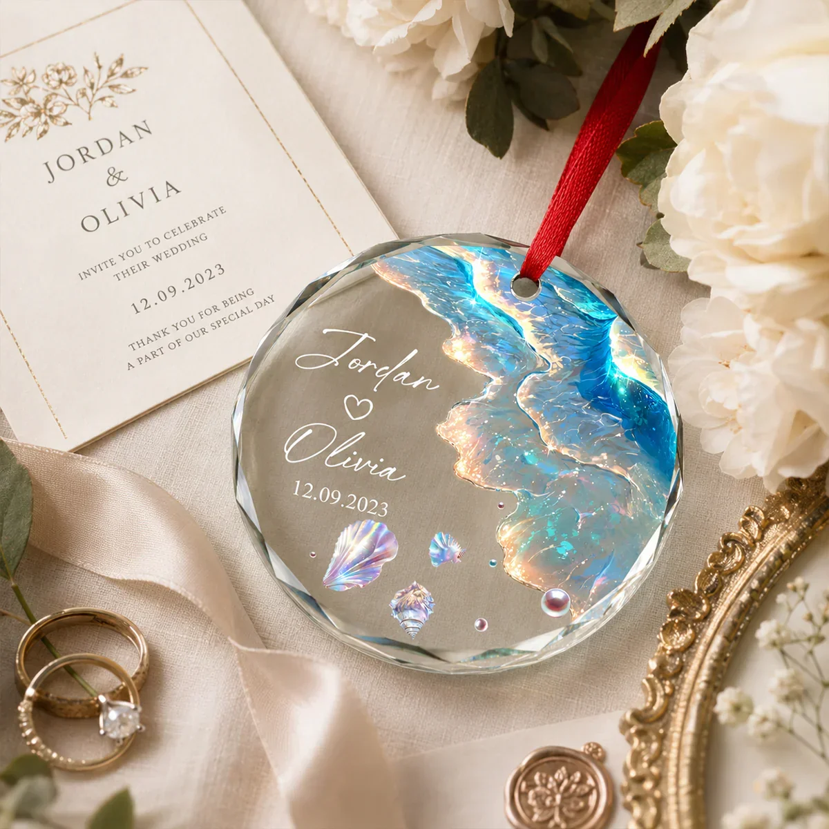 Custom Crystal Ornament for Couple, Romantic Coastal Keepsake with Wedding Portrait Look, Creative Gift - Image 3