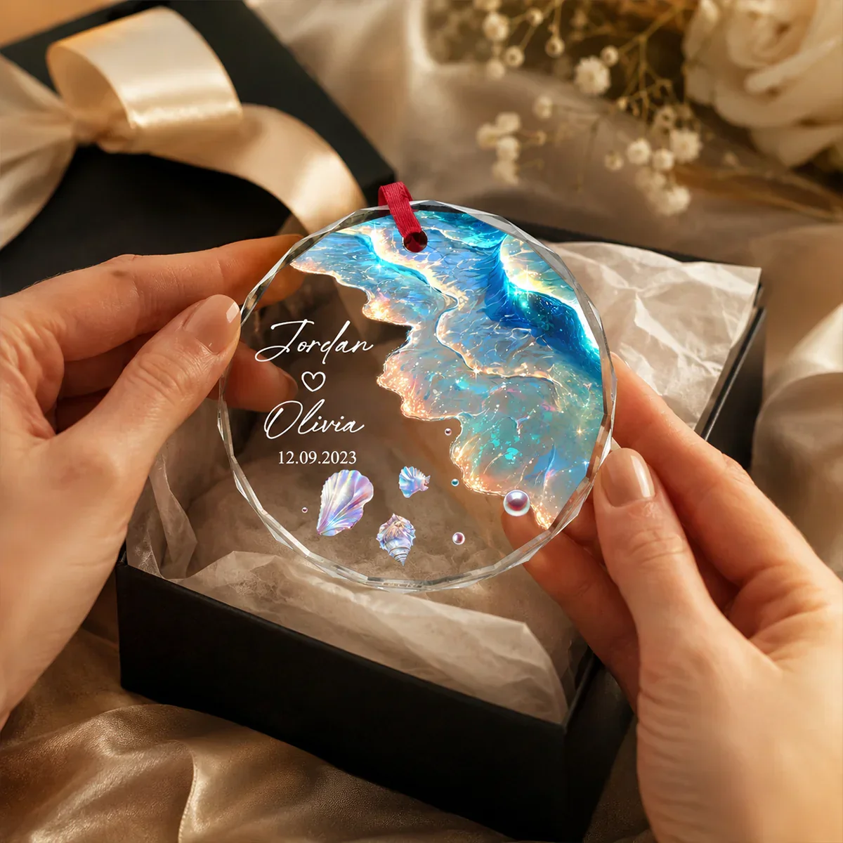 Custom Crystal Ornament for Couple, Romantic Coastal Keepsake with Wedding Portrait Look, Creative Gift - Image 6